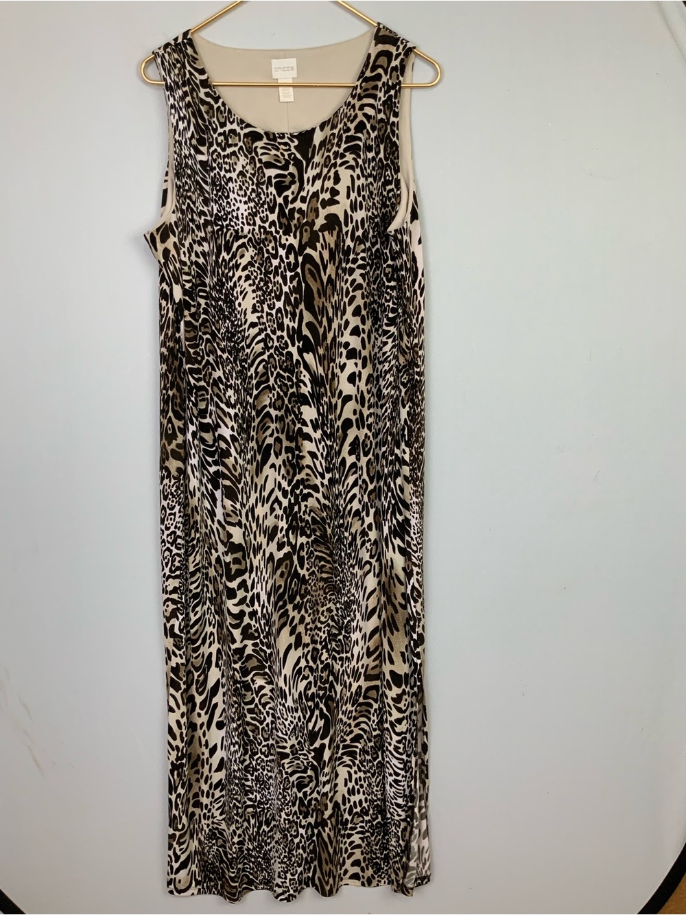 Chicos Sz 3 XL Animal Leopard Print Sleeveless Slinky Maxi Dress Side Slit